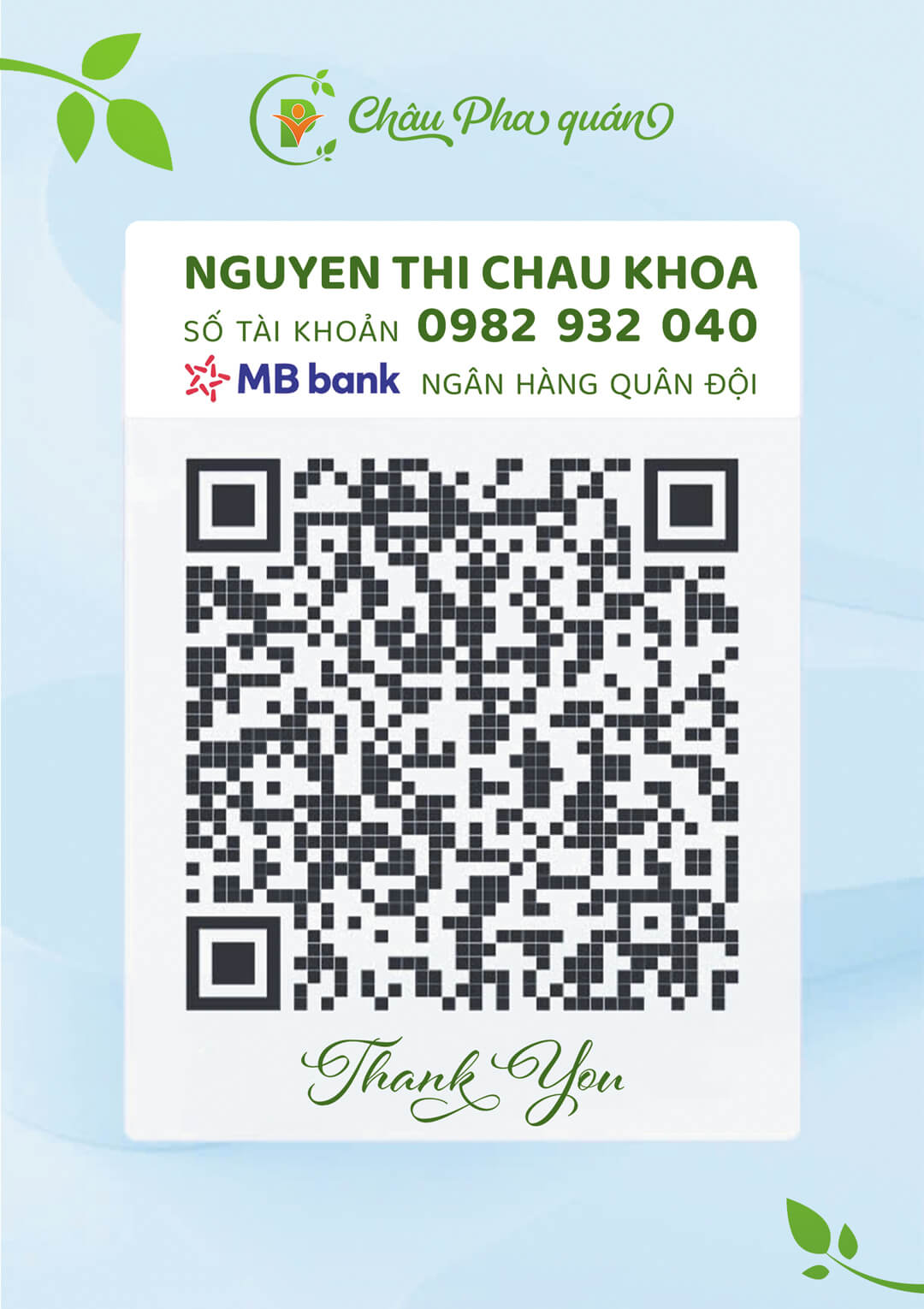 Chính sách thanh toán QR số tài khoản Châu Pha quán